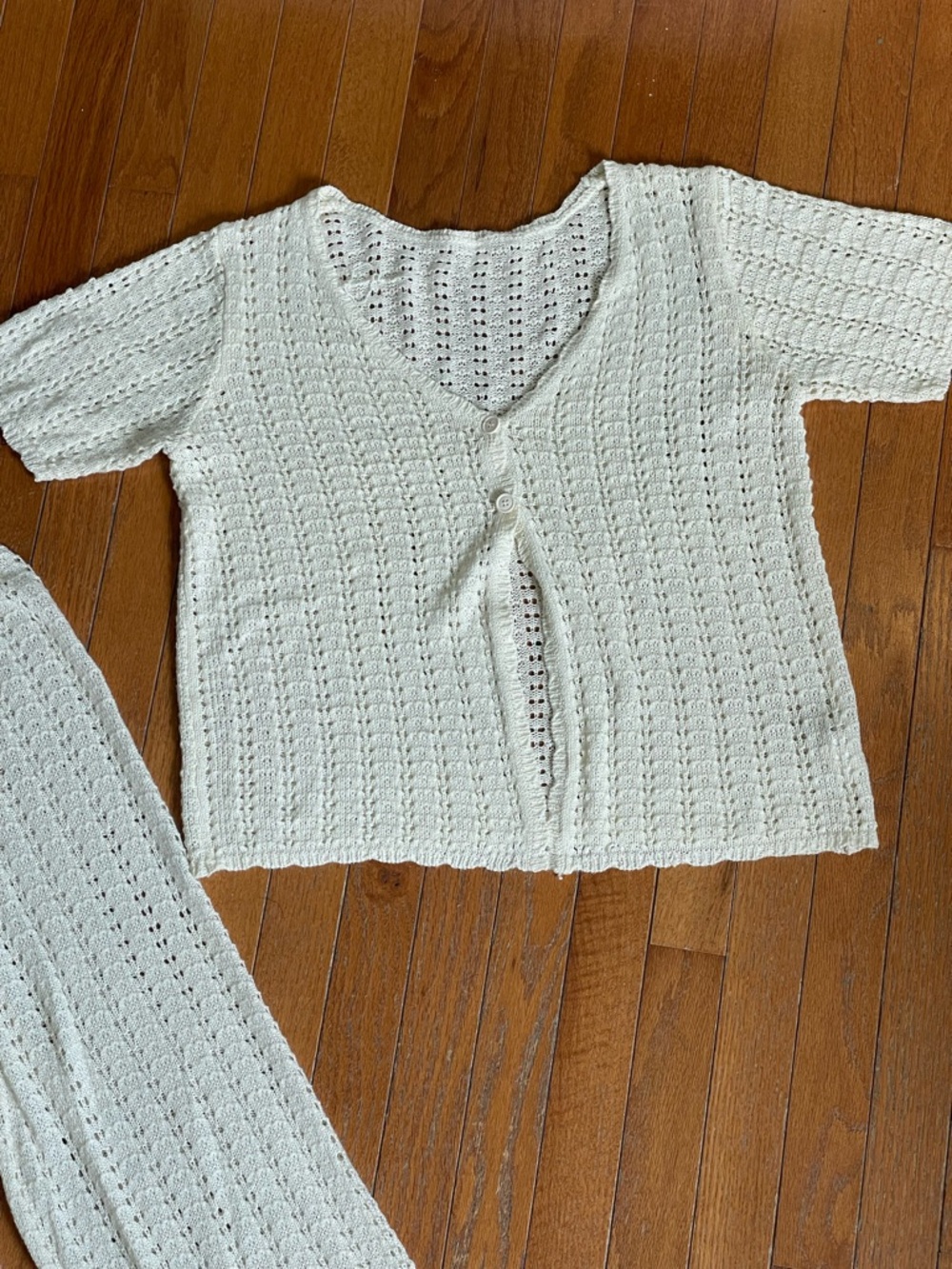 Cream Knit Set Pant Button Top Lounge Set Size M Vacation Classic Euro Summer - Picture 2 of 8